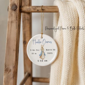 Blue bunny baby Christmas ornament with personalized name