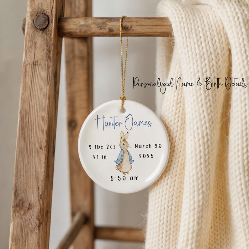 Blue bunny baby Christmas ornament with personalized name