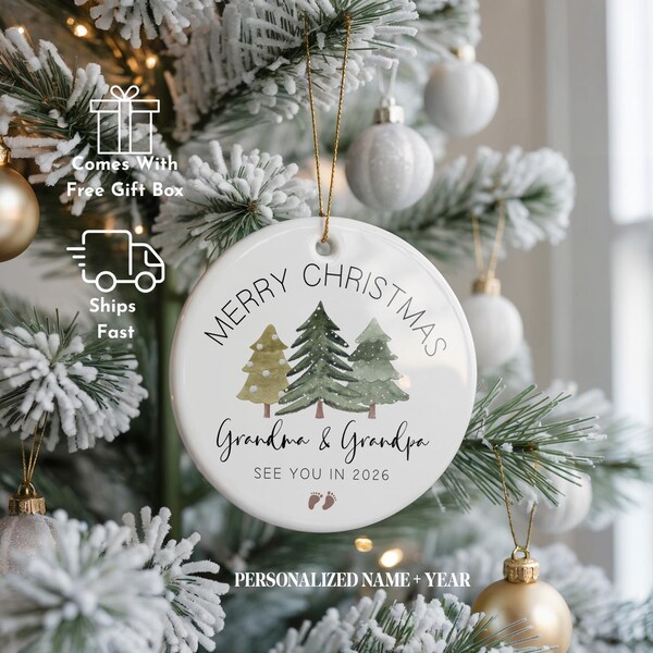 Promoted to Grandparents Ornament 2026, Watercolor Tree Pregnancy Announcement, Baby Reveal Gift for Grandma Grandpa, Custom Name Year