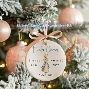 Blue bunny newborn keepsake ornament with custom stats