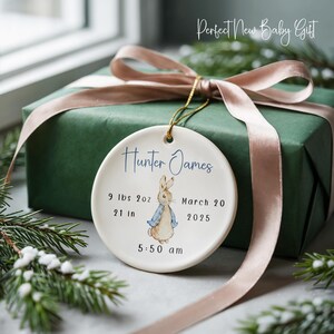 Personalized baby boy keepsake ornament with watercolor bunny