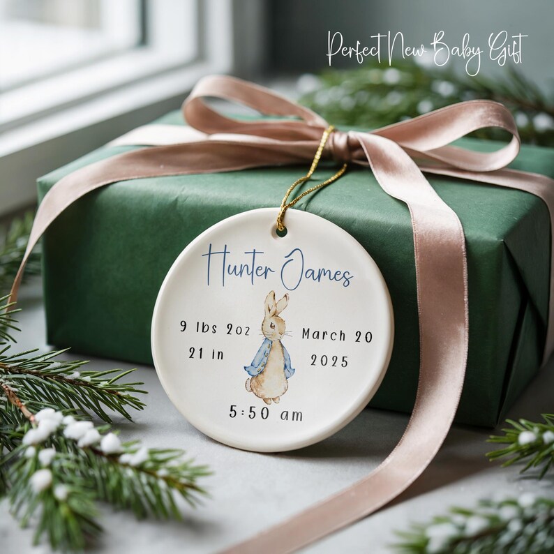 Personalized baby boy keepsake ornament with watercolor bunny