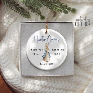 Baby boy birth announcement ornament with weight and date