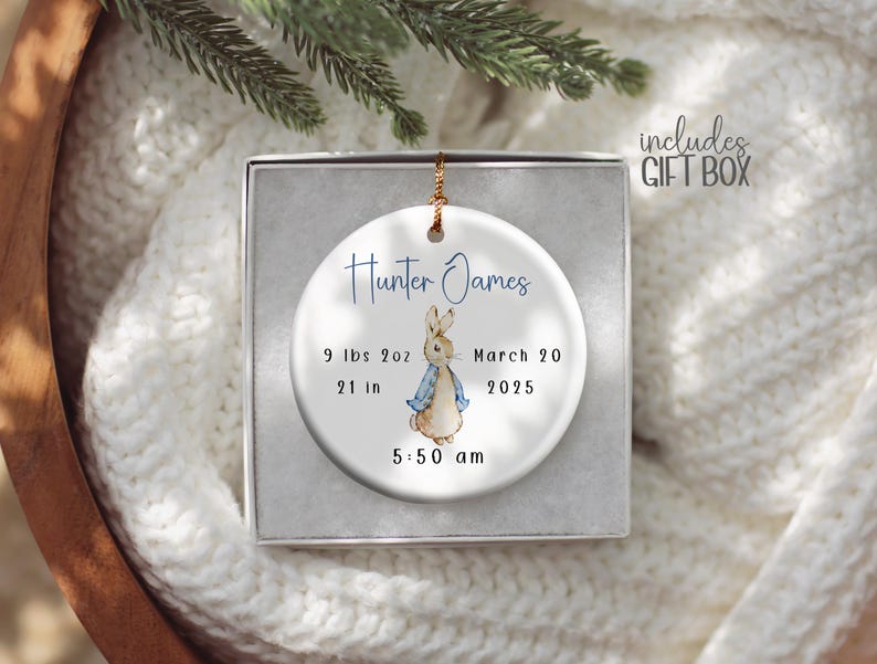Baby boy birth announcement ornament with weight and date