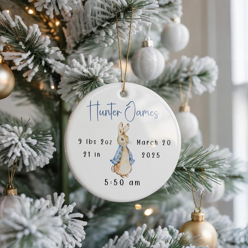 Personalized baby boy bunny ornament with name and birth details