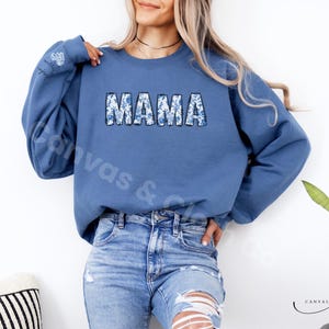 Blue Toile Floral Applique Mama Sweatshirt -Personalized Mom Sweatshirt - Perfect for Mother&#39;s Day - Unique Personalized Apparel - Custom
