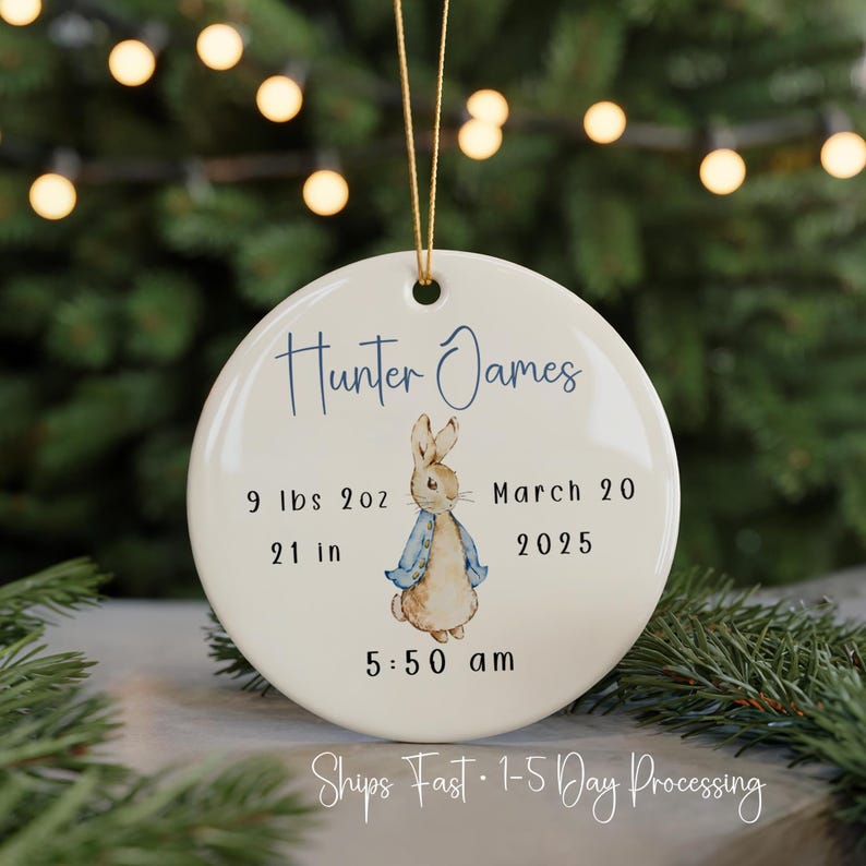 Custom newborn boy ornament with length, time, and birth info