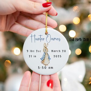 Birth details ornament for baby boy with cute blue bunny