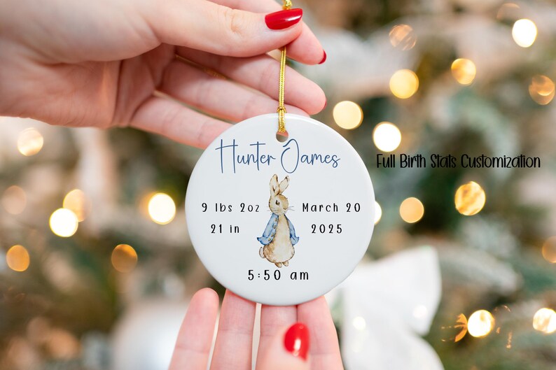 Birth details ornament for baby boy with cute blue bunny