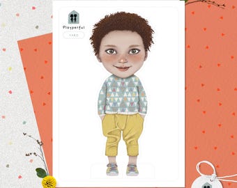 Kolekcjonerska dwustronna papierowa lalka Fine Art Print A5 "Yaro" | Zabawa bez ekranu, ekologiczna, kreatywna aktywność
