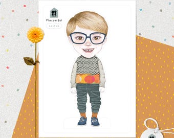 Kolekcjonerska dwustronna papierowa lalka Fine Art Print A5 „Gaspar” | Zabawa bez ekranu, ekologiczna, kreatywna aktywność