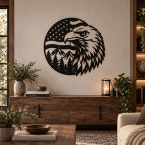 American Eagle Metal Wall Art, USA Flag Mountain Wall Decor, Patriotic Steel Sign