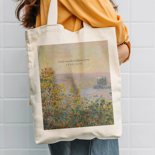 Luke 12:27, Flowers Tote Bag, Bible Verse Canvas Tote Bag, Christian Tote Bag, Christian Gift, Canvas Tote Bag, Birthday Gift, Bible Bag