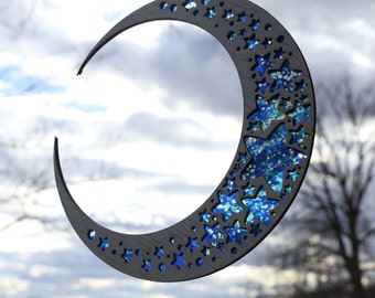 Moon and Stars Suncatcher Celestial Window Hanging Crescent Moon Ornament Stained Glass Effect Handmade Gift for Astrology Lovers