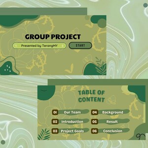 May include: A green and yellow presentation slide with the title "Group Project" and a table of contents with the headings "Our Team", "Introduction", "Project Goals", "Background", "Result", and "Conclusion".
