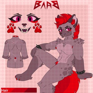 Peut inclure: Illustration numérique d'un personnage furry avec une fourrure grise, des cheveux rouges et une queue rouge. Le personnage a les yeux roses et porte un bracelet noir. Éléments supplémentaires : empreintes de pattes, yeux, bouche et torse sans tête.