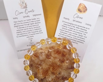 Pulsera de citrino y cuarzo transparente - Joyería curativa con cristal AAA de 7 mm, talla 7