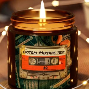 Retro mixtape-kaars, gepersonaliseerd cassettelabel, themacadeau jaren 80, jaren 90, Spotify-afspeellijstcode, geparfumeerde sojakaars, muziekliefhebber