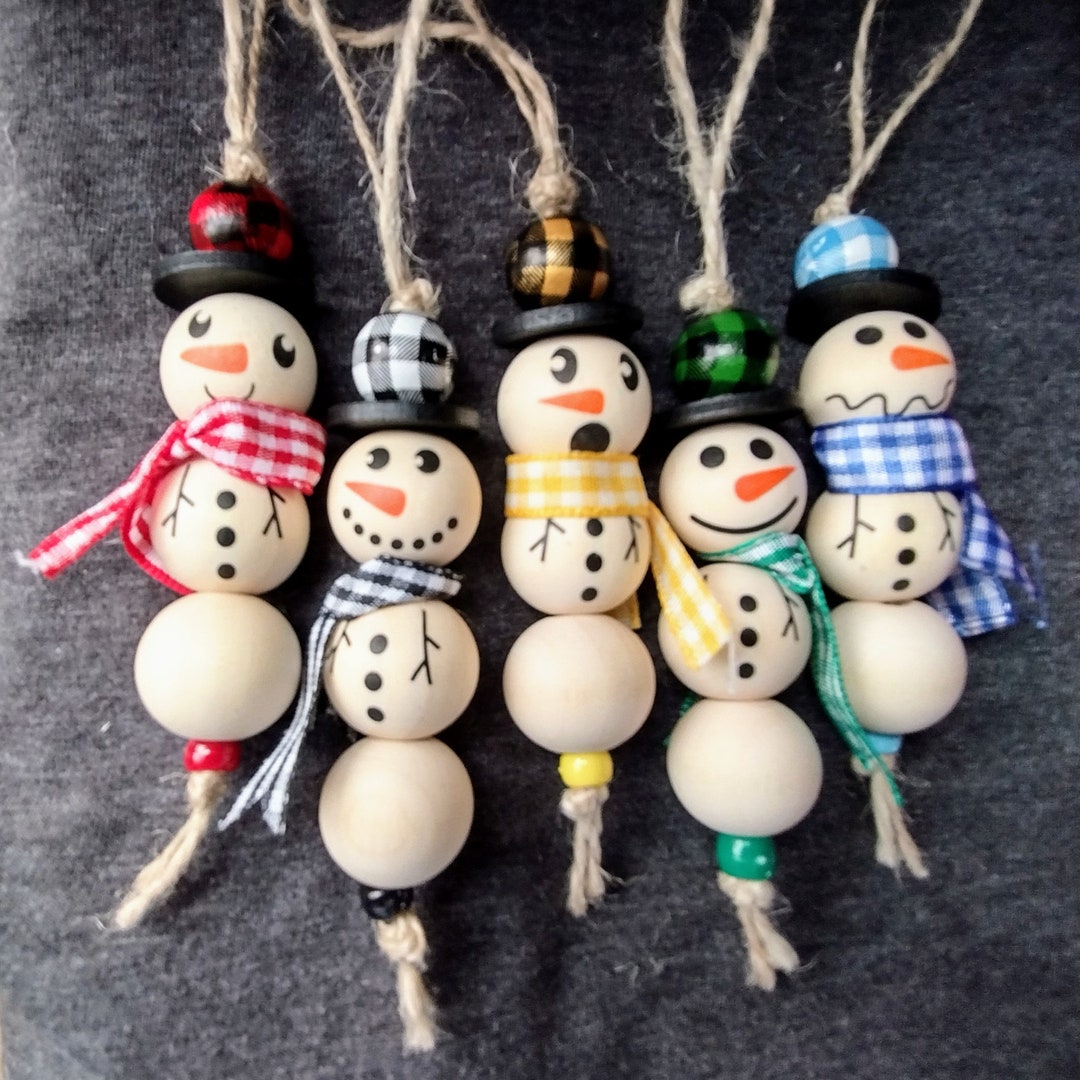 Set of Five Snowman Ornaments With Wooden Bead Checked Hat Scarf