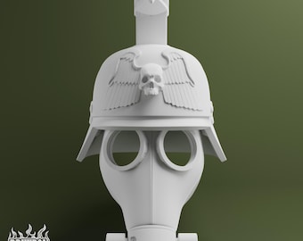 May include: A white, 3D-printed gas mask with a helmet design. The helmet features a skull and wing emblem, with a bird-like crest. The mask has two circular eye openings and a lower section with cylindrical attachments. The logo "DRUXPOL 3D" is visible.