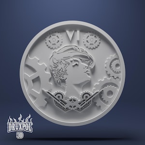 May include: A white, circular relief sculpture featuring a profile of a woman with a head covering, surrounded by gears and the Roman numeral VI. The sculpture has a steampunk aesthetic, with the "DRUXPOL 3D" logo at the bottom.