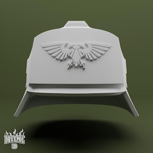 May include: A light gray helmet with a detailed eagle emblem on the front. The helmet has a curved visor and a flat top. The image is a 3D render against a green background.