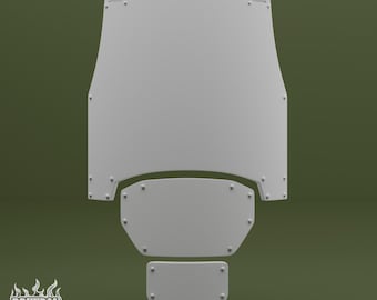 May include: A light grey body armour set, comprising a large chest plate, two mid-section plates, and a smaller lower plate. Each plate is secured with small, evenly spaced rivets. The DRUXPOL 3D logo is visible in the lower left corner.