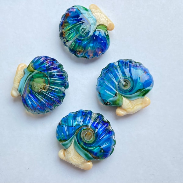 Seashell lampwork beads in sea and ivory colors, 1 pc, Lampwork glass beads, Fossilized Beads, Sea bead, Ocean Inspired Beads