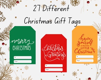 Puede incluir: Etiquetas de regalo navideñas en verde, rojo y naranja con saludos festivos. Cada etiqueta incluye espacio para escribir "para" y "de". La imagen también incluye el texto "27 Different Christmas Gift Tags".