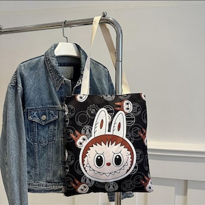 Labubu Tote Bag,  Kawaii Cartoon, Canvas Shoulder Bag, Cute Aesthetic, Shopper Gift for Anime Lovers Trendy Reusable with Zip