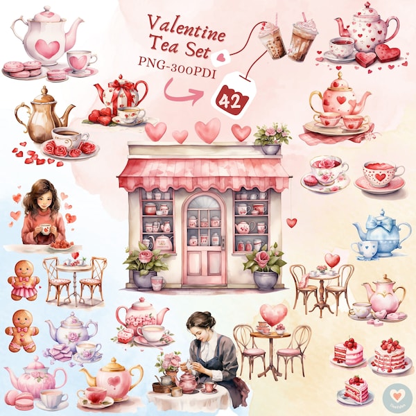 Valentine Tea Shop clip art bundle, png instant download, tea set clip art, tea cup clip art bundles, watercolor valentine clip art