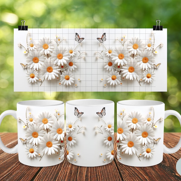 3d daisy mug sublimation, butterfly mug wrap, 11 and 15oz mug, flower mug wrap, mug template, mug press, png instant download, coffee cup