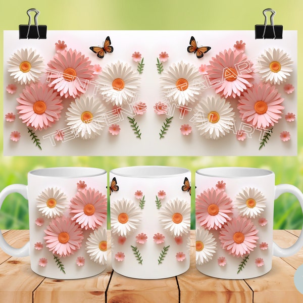 3d pink and white daisy mug sublimation, butterfly mug wrap, 11 and 15oz mug, flower mug wrap, mug template, mug press, png instant download