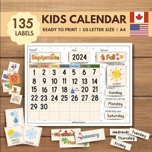 Calendrier mural imprimable pour enfants, calendrier interactif, calendrier perpétuel pour la classe, calendrier pour enfants, carte météo pour tout-petits