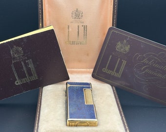 Dunhill Rollagas WORKING Vintage Very Rare Lapis Lazuli Enamel Gold Plated Lighter with Box, Warranty Card and Booklet