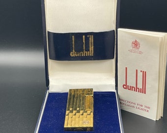 Accendino vintage Dunhill Rollagas FUNZIONANTE con motivo a corteccia intagliata placcata in oro, 1985 circa, con scatola e documenti