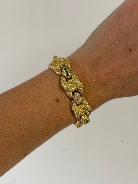 Textured Gold, Diamond and Emerald Knot Bracelet