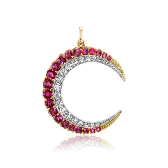 Antique Ruby and Diamond Crescent Pendant - image 1