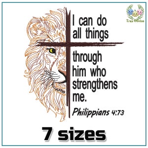 May include: Embroidered design featuring a lion's face with a cross behind it. The design includes the text "I can do all things through him who strengthens me. Philippians 4:73".