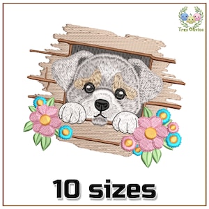 Disegno ricamo a macchina cucciolo che fa capolino, simpatico animaletto, cane, ricamo nursery, fiori 4 x 4 pes dst hus jef