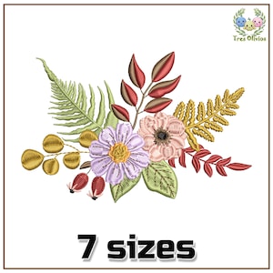 May include: Embroidered floral design featuring a variety of flowers and foliage in shades of purple, pink, green, and gold. The text "7 sizes" is displayed below the floral arrangement.