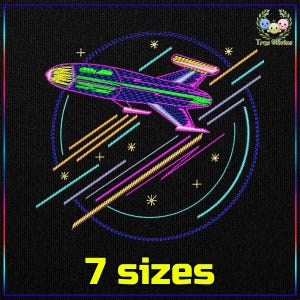 May include: A neon pink, blue and green rocket ship flying through a circle of colourful lines against a black background. The text "7 sizes" is below the circle.
