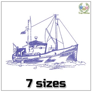 May include: A line drawing of a blue fishing boat with a mast and rigging, sailing on a wavy sea. The image is in a blue colour scheme and has the text "7 sizes" at the bottom.