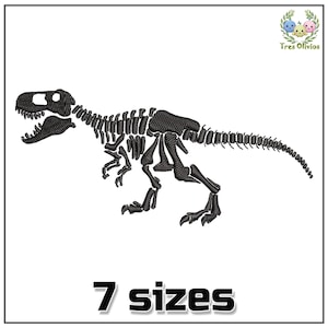 May include: Black and white embroidery design of a dinosaur skeleton. The design is available in 7 sizes.