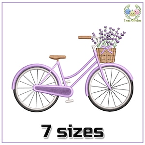 Könnte beinhalten: Ein lila Fahrrad mit einem Korb voller Lavendelblüten. Das Fahrrad hat einen braunen Lenker und Sattel. Der Korb ist aus braunem Weidengeflecht und hat eine weiße Schleife.