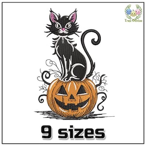 Black Cat sitting on a Pumpkin Machine Embroidery Design, Halloween funny embroidery 4x4 pes dst hus jef