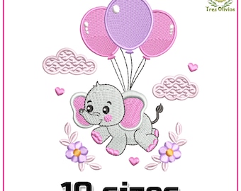 Baby Elephant with Balloons Machine Embroidery Design, It&#39;s a girl design, Baby Shower, Toddler, Cute, Nursery Decor pes dst hus jef