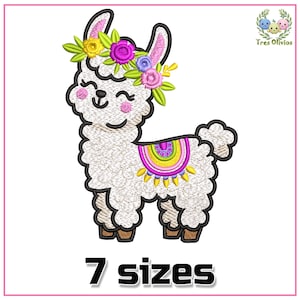 May include: A white llama with a pink, yellow, and green flower crown and a colorful rainbow-like saddle. The llama is smiling and has closed eyes. The image includes the text "7 sizes".