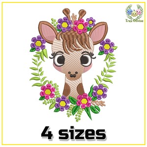 May include: Embroidered giraffe head with large eyes, adorned with a floral crown and a wreath of flowers. The design features a color palette of brown, pink, purple, and green. The text "4 sizes" is at the bottom.
