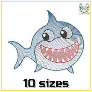 May include: A blue and white cartoon shark with a big smile and large eyes. The shark is embroidered with a stitched design. The image includes the text "10 sizes".